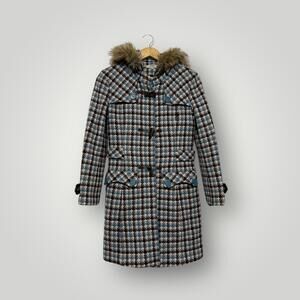 Etam Weekend Hooded Coat Houndstooth Faux Fur Trim Long Winter Jacket Women’s